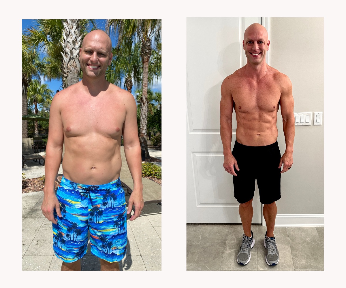 Josh Winkler before and after: on the left carrying extra body fat in his early 40s, on the right lean and muscular after changing his nutrition and training.